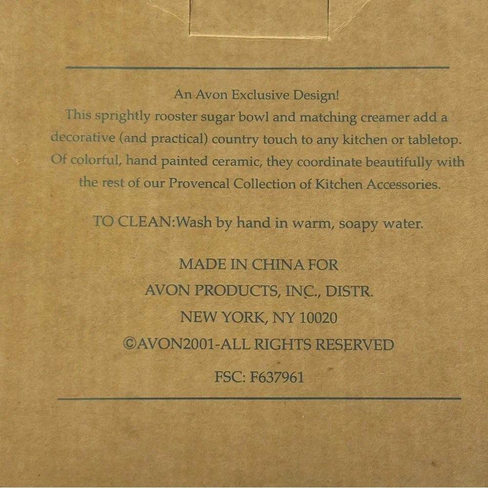 Avon NOS VTG ‘2001’ The Provencal Collection “Sugar and Creamer”